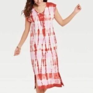 Universal Thread Tie-Dye Pink, Tan, Brown Hues Cap Sleeve Maxi Dress